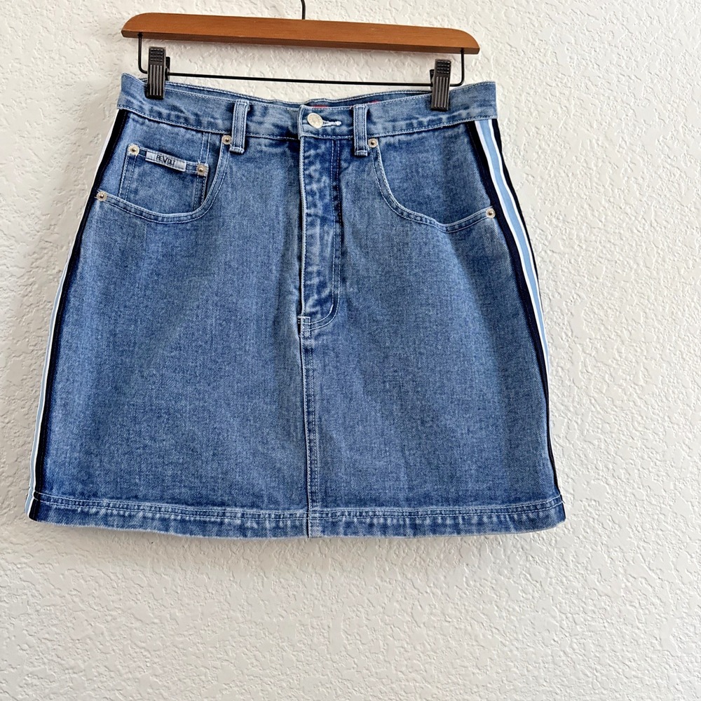 Vintage Revolt Denim Mini Skirt Y2K 90s Side Stripes Blue Women Size 11/12 Retro